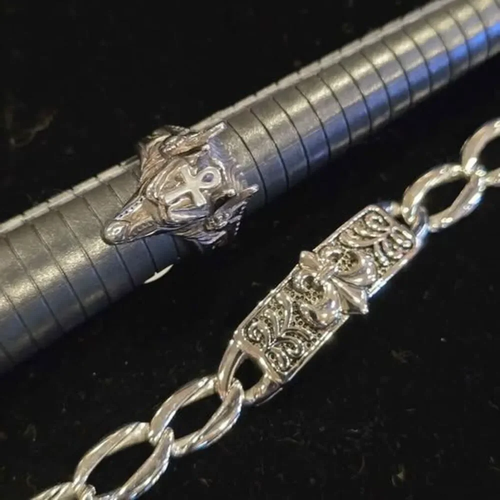 Egyptian Anubis Ring Sz 9 and Fleur-de-Lis Link Bracelet Set